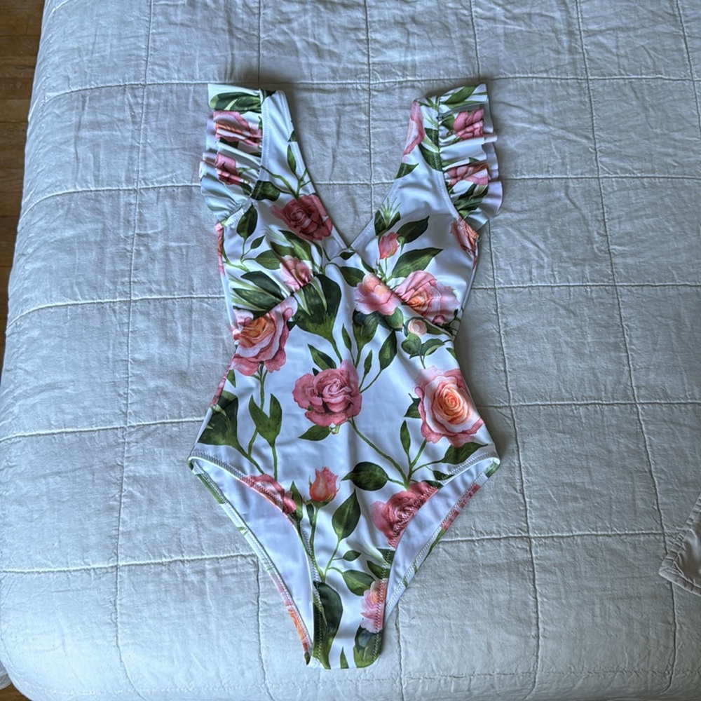 One-Piece Floral V-Neck Swimsuit with Flutter Sleeves